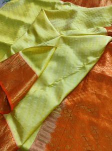 Lime Yellow And Orange Pure Kanchipuram Silk Saree