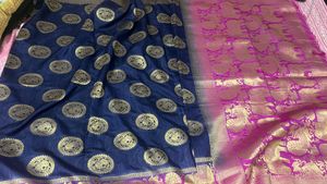 Navy Blue Semi Silk Saree With Stitched Blouse