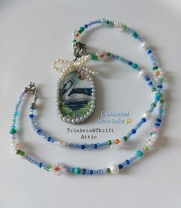 Enchanted Swan Lake Clay Pendant Beadwork Necklace