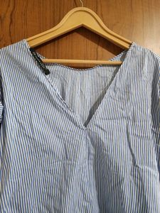 Zara White And Blue Stripes Top