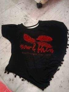 Black Graphic Pom-Pom Top