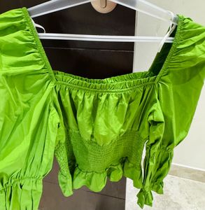 Green Puff Sleeve Crop Top