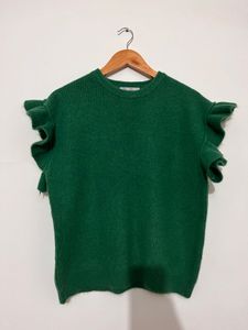 Green Ruffle Sleeve Knit Top