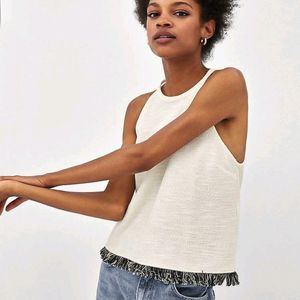 Zara Ecru White Tweed Halter Top with fringe