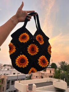 Handmade Black Crochet Bag With Sunflower Design