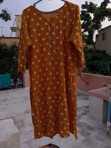 Mustard Kurti with white pattern