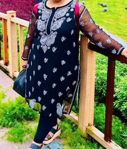 Black Embroidered Kurta With Cotton Slip