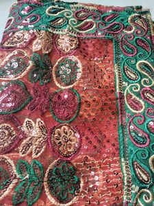 Orange Coral Net Saree With Green Border