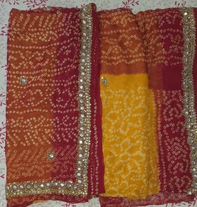 Bandhej Saari With Stiched Blouse