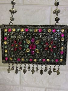 Oxidized Silver Floral Gemstone Statement Necklace