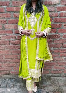 Olive Green Women Designer Kurta, Dupata &amp; Bottom