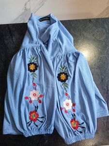 Blue Floral Embroidered Long Sleeve Top