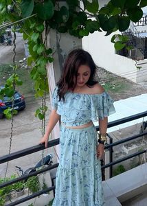Floral Off-Shoulder Crop Top And Slit Skirt