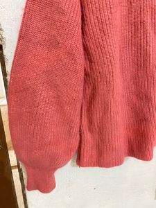 Pink Woolen Neck Cut Sweater With Black Inner