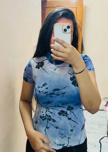 Blue Floral Mesh High-Neck Top – Shein