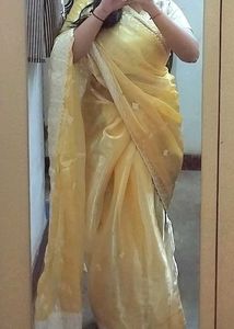 Golden Saree With Stitched Blouse