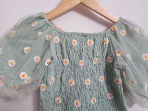 Shirred Daisy Embroidered Crop top