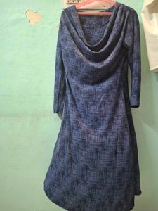 Patterned Blue Short  Dress With Frill