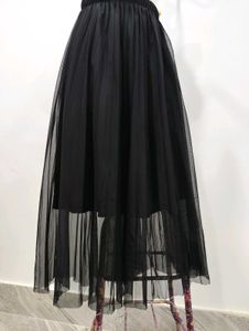 Black Pleated Tulle Midi Skirt