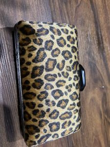 Tiger Print Clutch With Black Metal Chain Sling