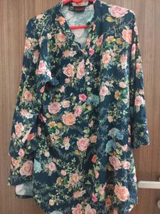 Pink Floral Print Navy Blue Top
