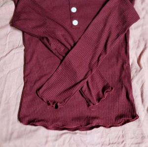 Ribbed Polyester Women&#39;s Maroon Top