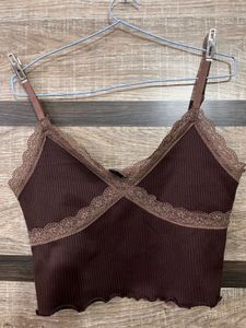 Brown Lace Trim Cami Top