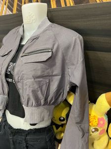 Charcoal Cropped Bomber Jacket with Utility Pocket