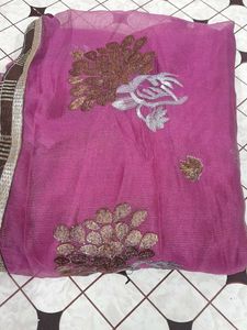 Magenta Net Dupatta with Zari &amp; Sequin Embroidery