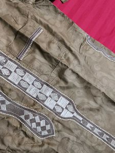 Women Beige Embroidered Silk Straight Kurta