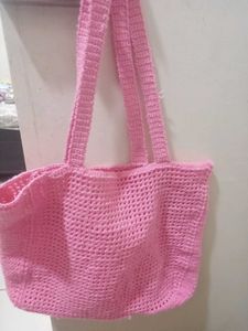 Pink Crochet Mesh Tote Bag