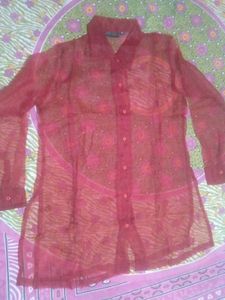 Red Sheer Button-Up Shirt