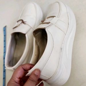 White Leather Loafers with Golden Buckle