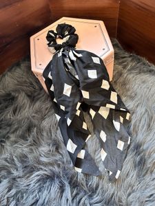 Black &amp; White Patterned Scarf Scrunchie