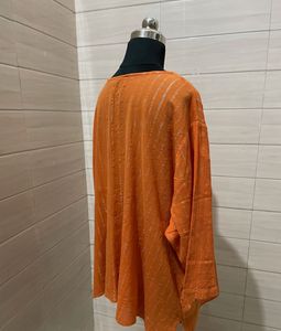 Avenue Womens Orange Metallic Stripes Blouse