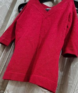 Red Sparkle V-Neck Sweater