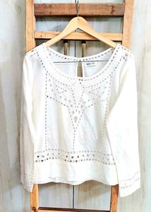 White Cutout Long Sleeve Top size-40
