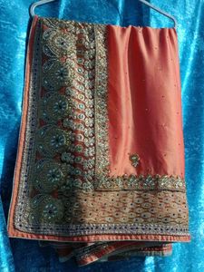Peach Saree with Gold &amp; Blue Embroidery