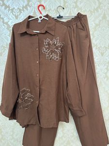 Brown Floral Embellished Two-Piece Set