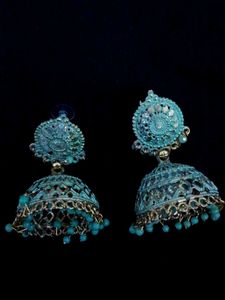Teal Filigree Jhumka Earrings