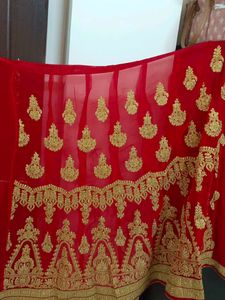 Red &amp; Gold Embroidered Lehenga Saree