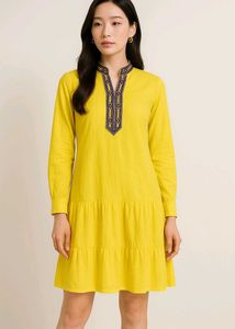 yellow embroidered flared tunic dress