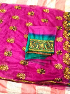 Purple &amp; Green Heavy Embroidered Net Saree with Bl
