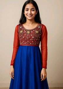Elegant Blue & Red Anarkali Dress