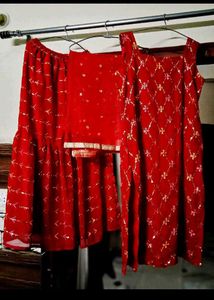 Red sequins embroidery Kurta Set both side
