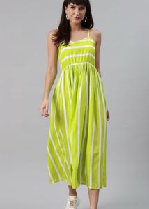 Women Fluorescent Green & White Striped Maxi Dress