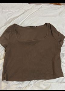Brown Ribbed Square Neck Crop Top