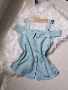 MANGO Blue Ruffle Collar Tank