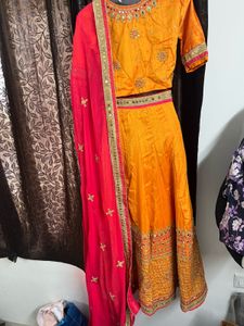 Orange Full Embroidery Round Mirror Lahenga Set