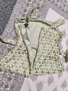 Faballey Green Lace Strappy Belted Peplum Top